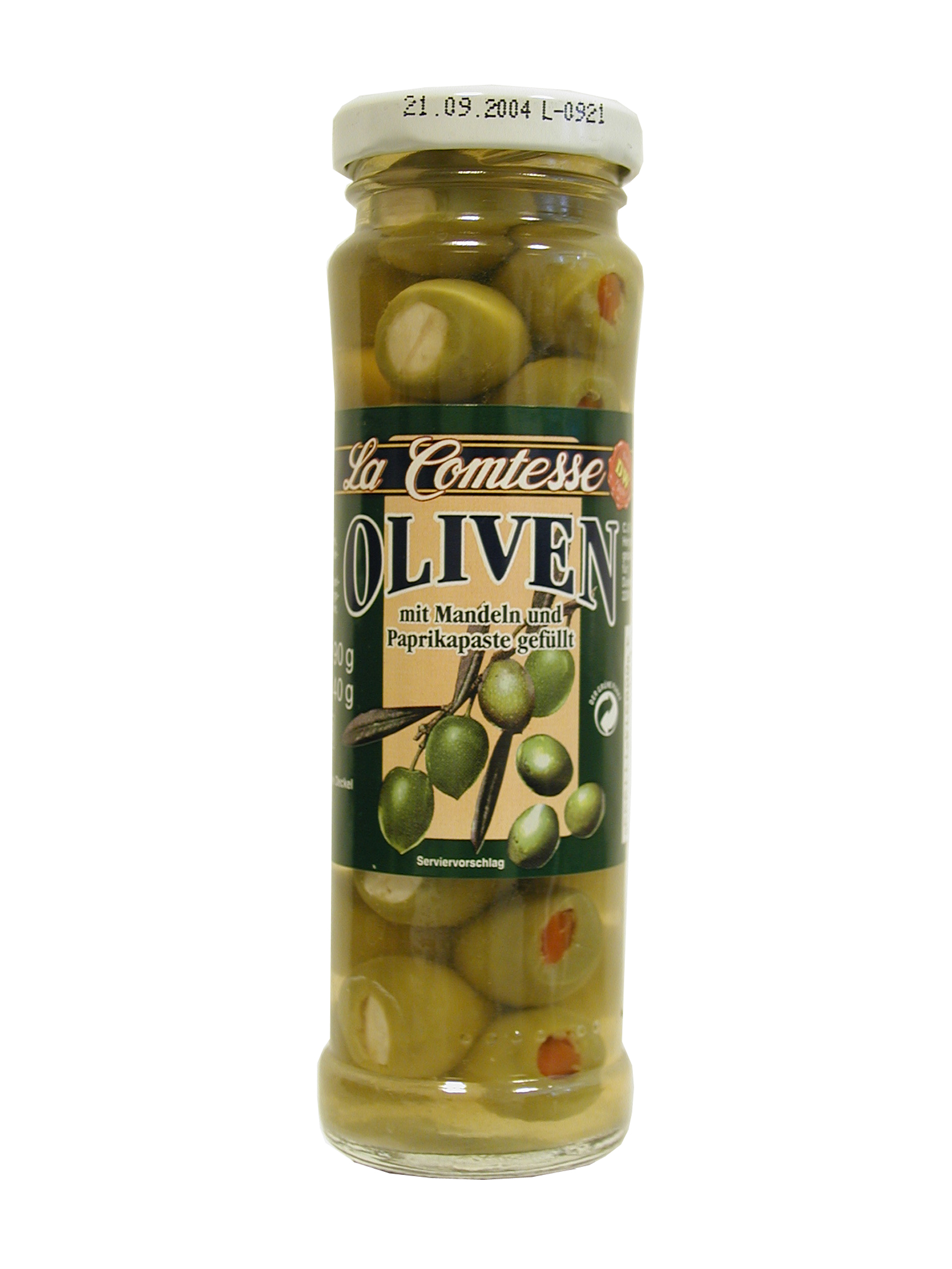 Grüne Oliven mit Mandeln & Paprika, handpack, 140 g