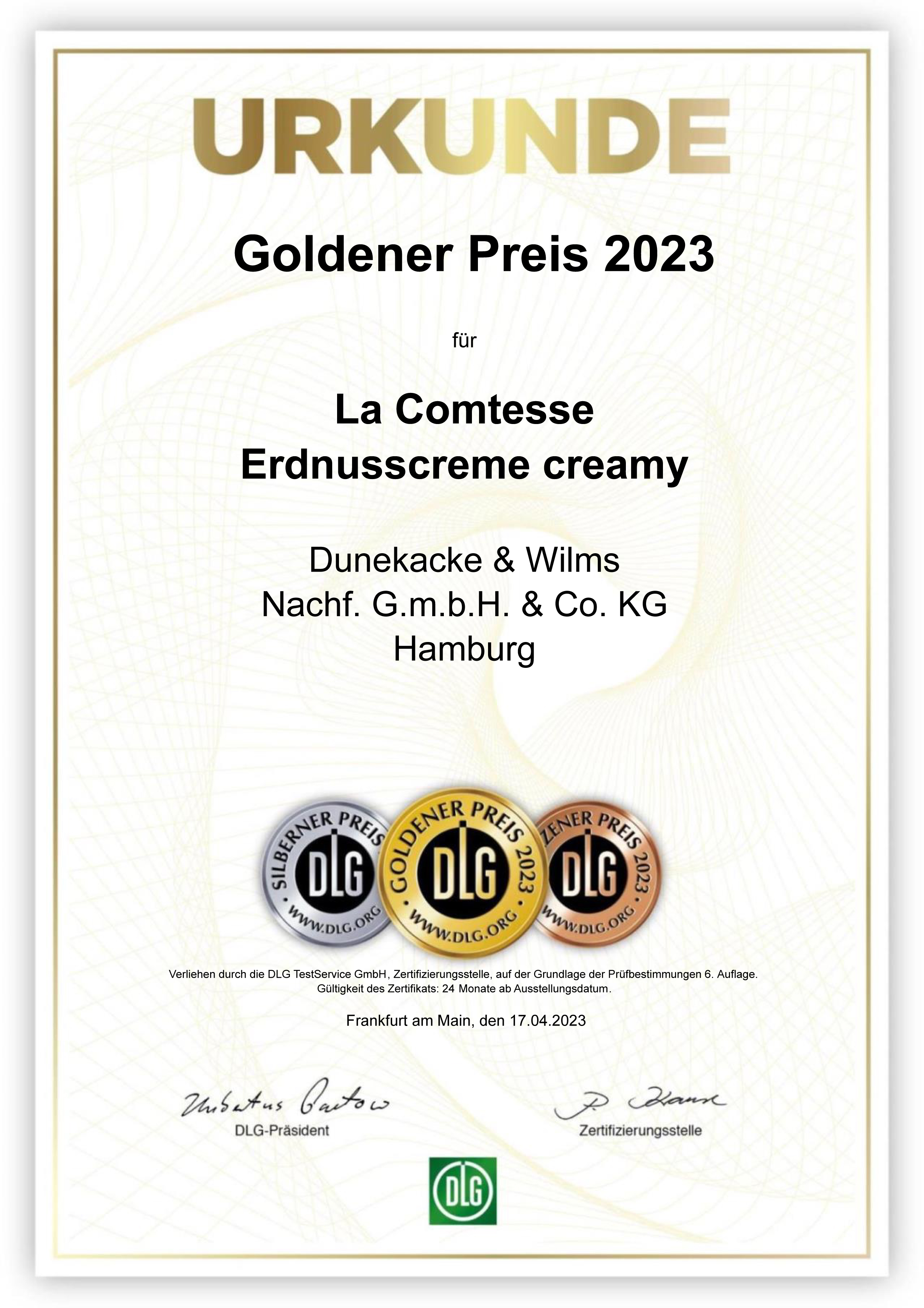 DLG GOLD Prämierung Erdnusscreme creamy Marke LA COMTESSE 2023