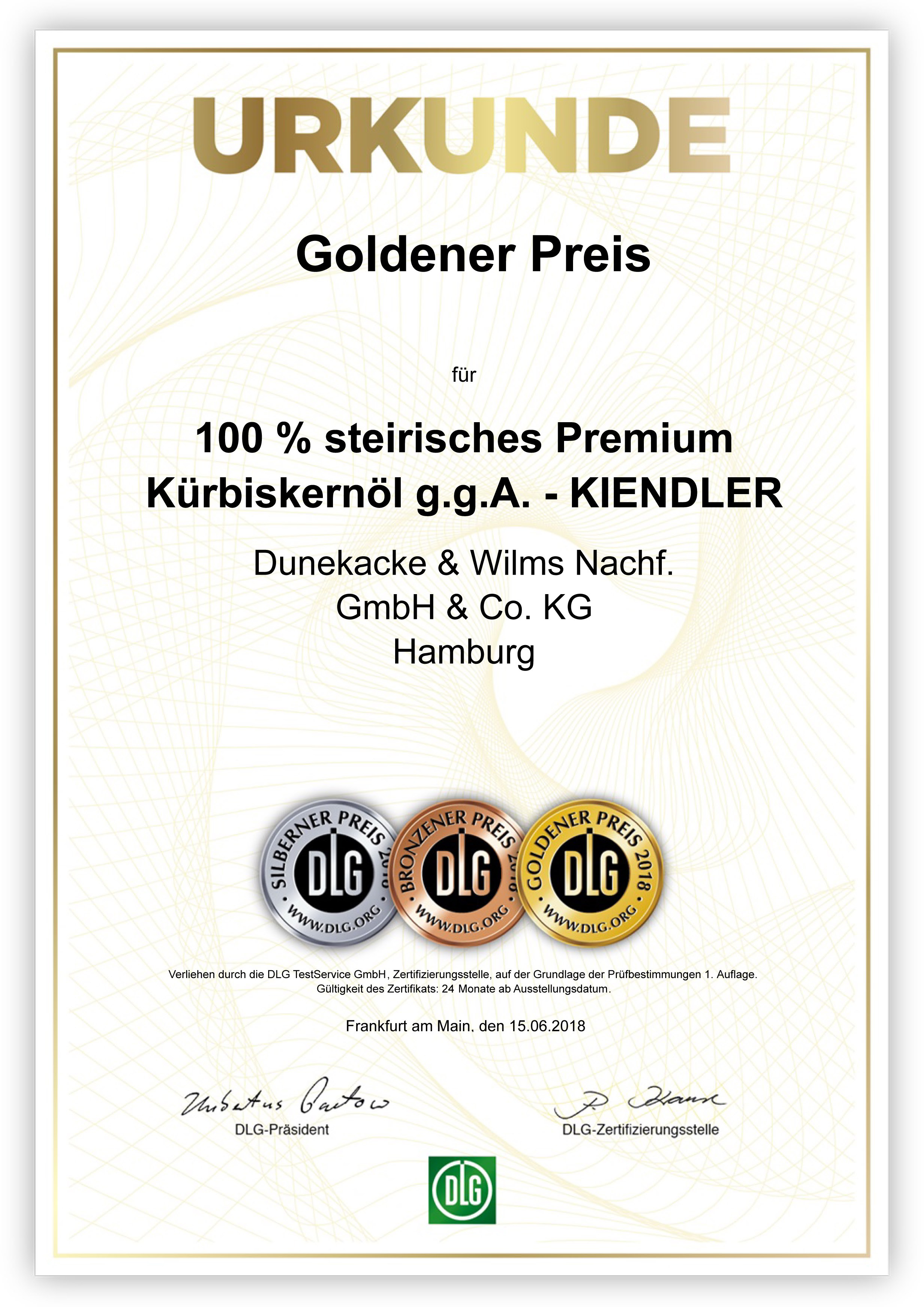 DLG-Pramierung GOLD Steirisches Kürbiskernöl 2018