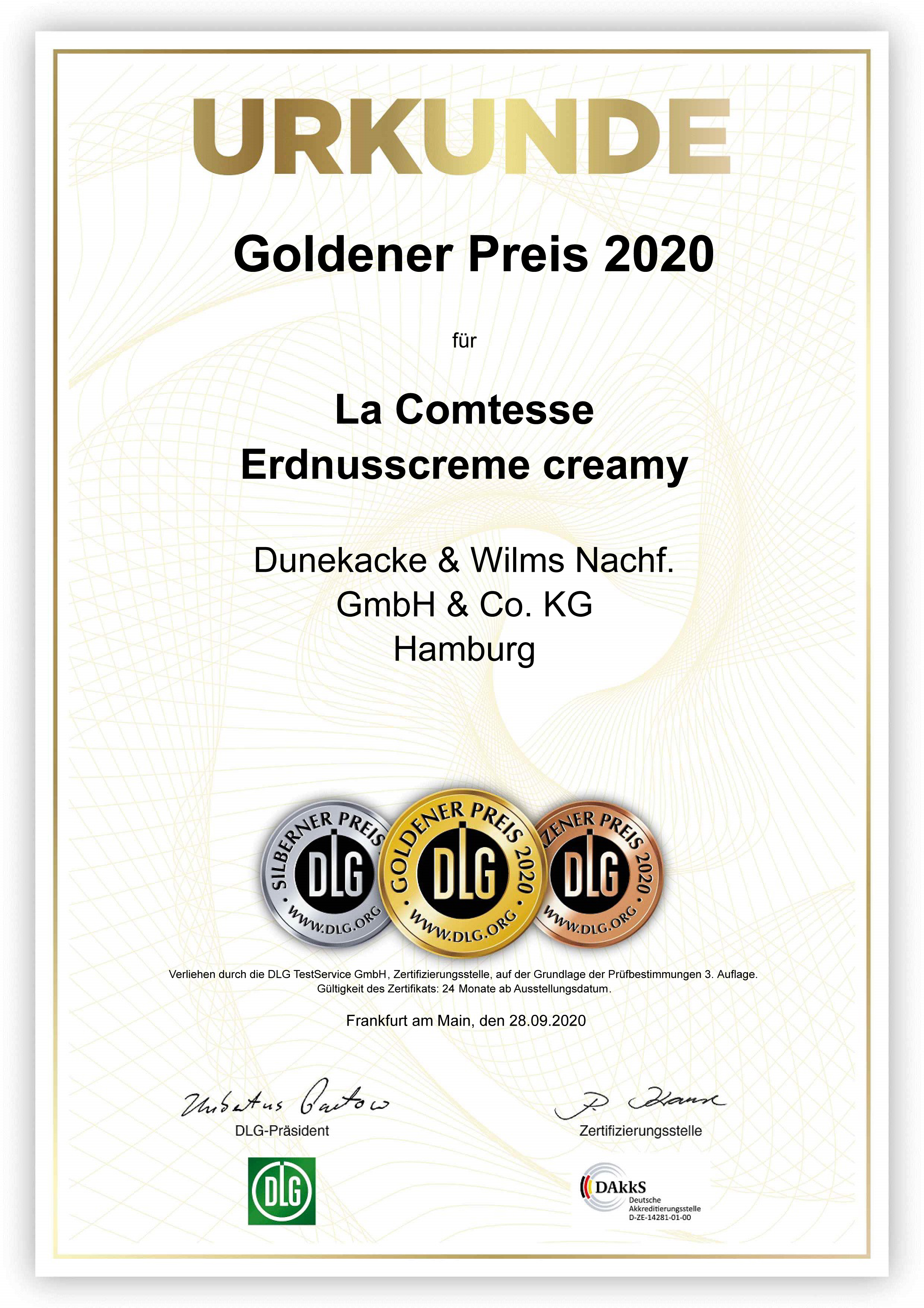 DLG-Pramierung GOLD, Erdnusscreme creamy 2020, jetzt neu: Ausgezeichnete Qualität seit 2017