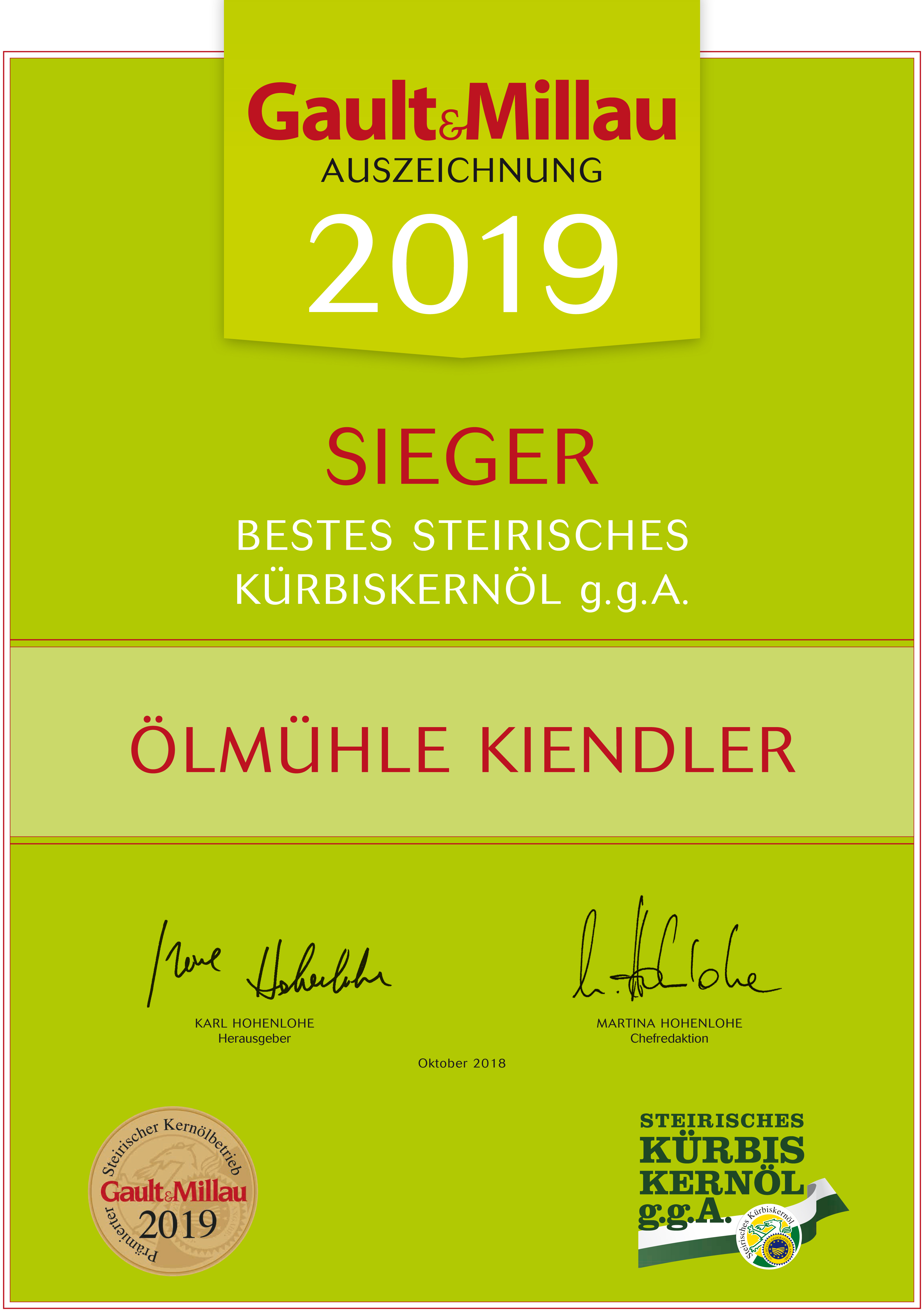 Prämierung: Gault & Millau bestes Steirisches Kürbiskernöl 2019