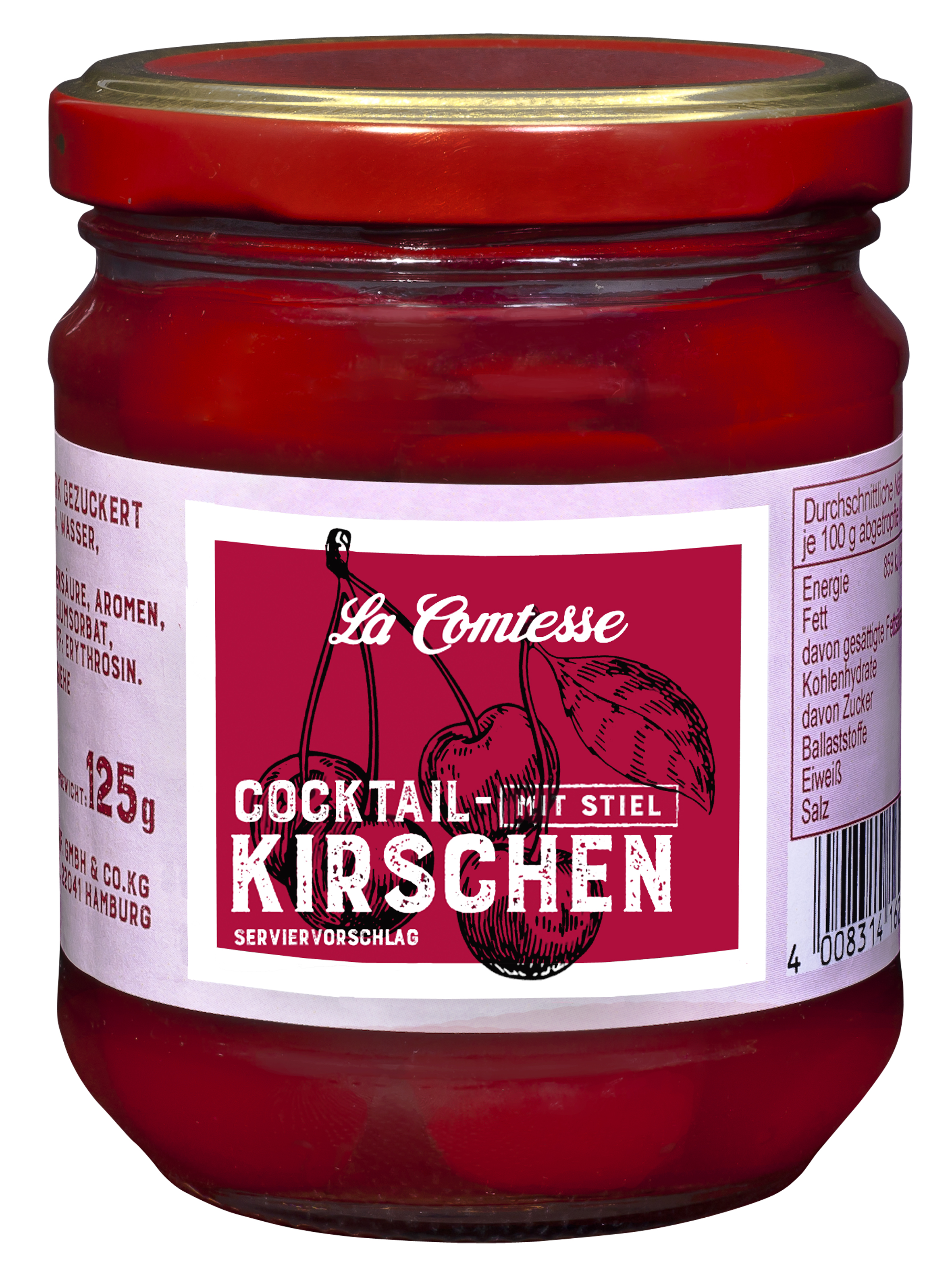 Cocktail-Kirschen, rot mit Stiel, 225 g