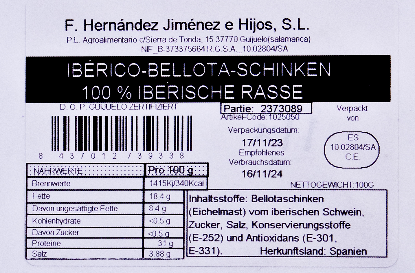 Pata Negra Jamon de Bellota 100% Iberico g.U. per Hand geschnitten, Eichelfütterung, von freilaufenden Schweinen, Hinterschinken