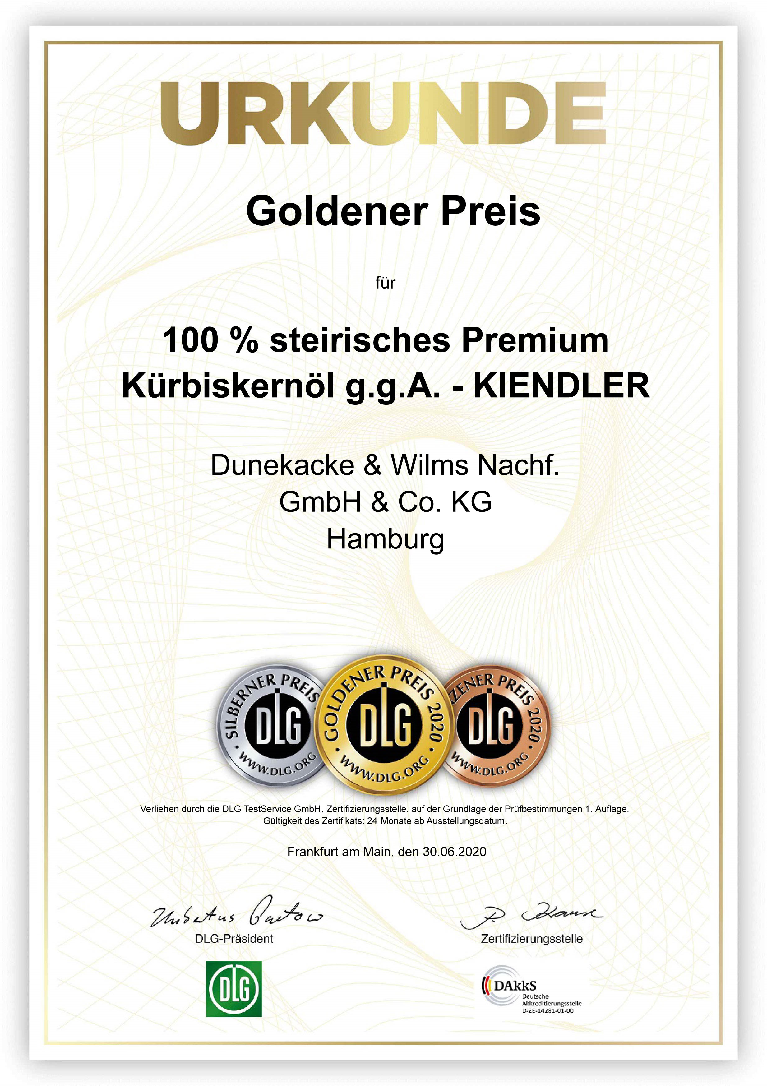 DLG-Pramierung GOLD, Kürbiskernöl KIENDLER 2020