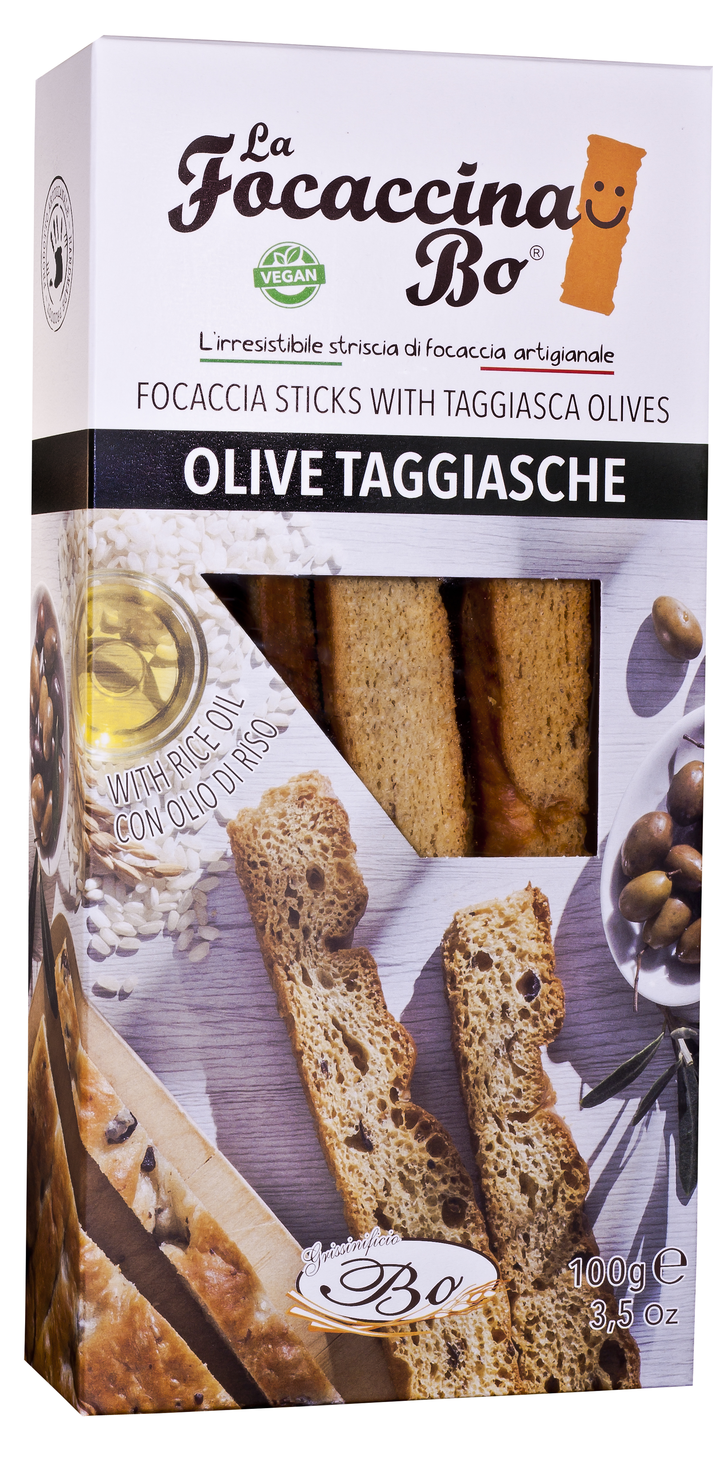 Focaccina Bo mit Olivenöl Taggiasca Oliven 