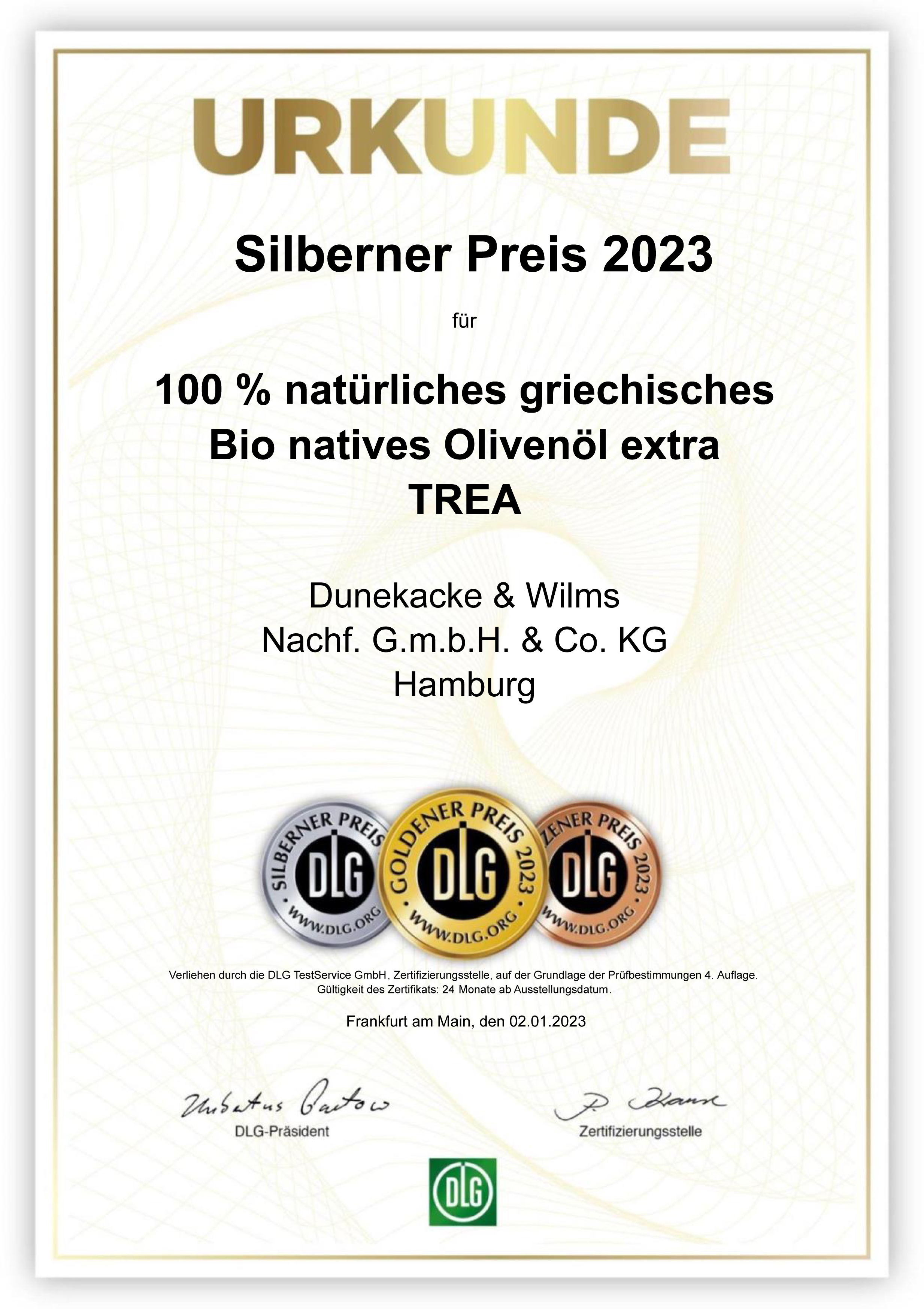 DLG-Pramierung SILBER 2023, griech. Premium BIO-Oliven Öl, extra vergine Marke TREA