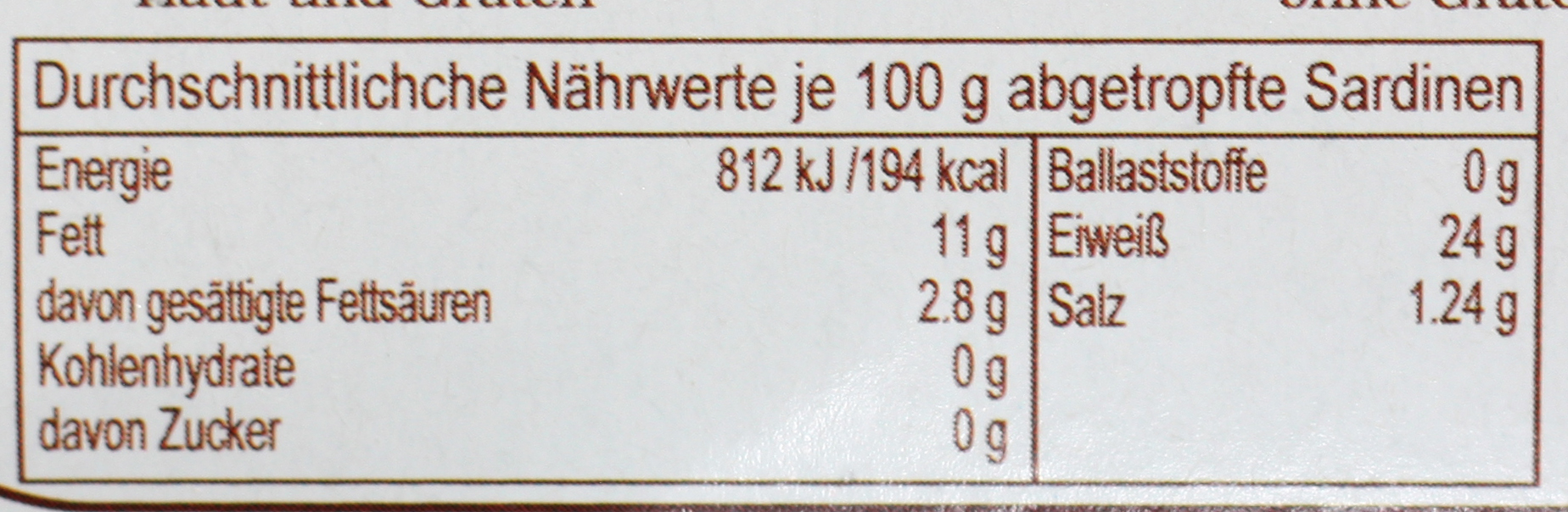 Sardinen in Oliven Öl mit Haut und mit Gräten (plain), 125 g