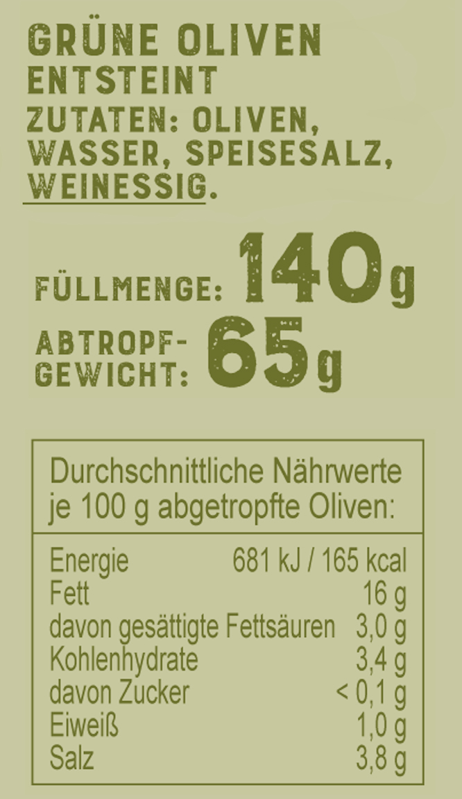 Grüne Oliven, entsteint, 140 g